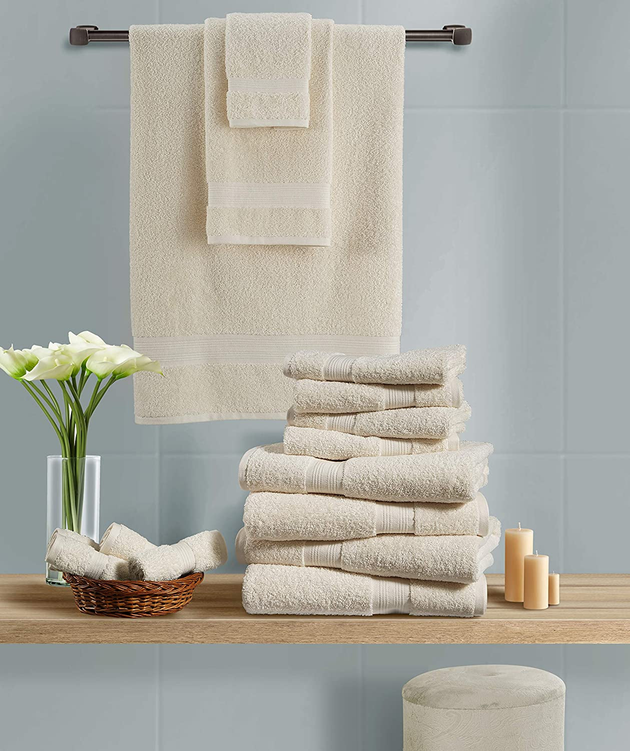 600 GSM 8 Piece Towels Set 100% Cotton Indulgence, Luxury 2 Bath Towel, 2 Hand Towel & 4 Washcloth, Premium Hotel & Spa Quality, Highly Absorbent, Classic American Construction, Ivory