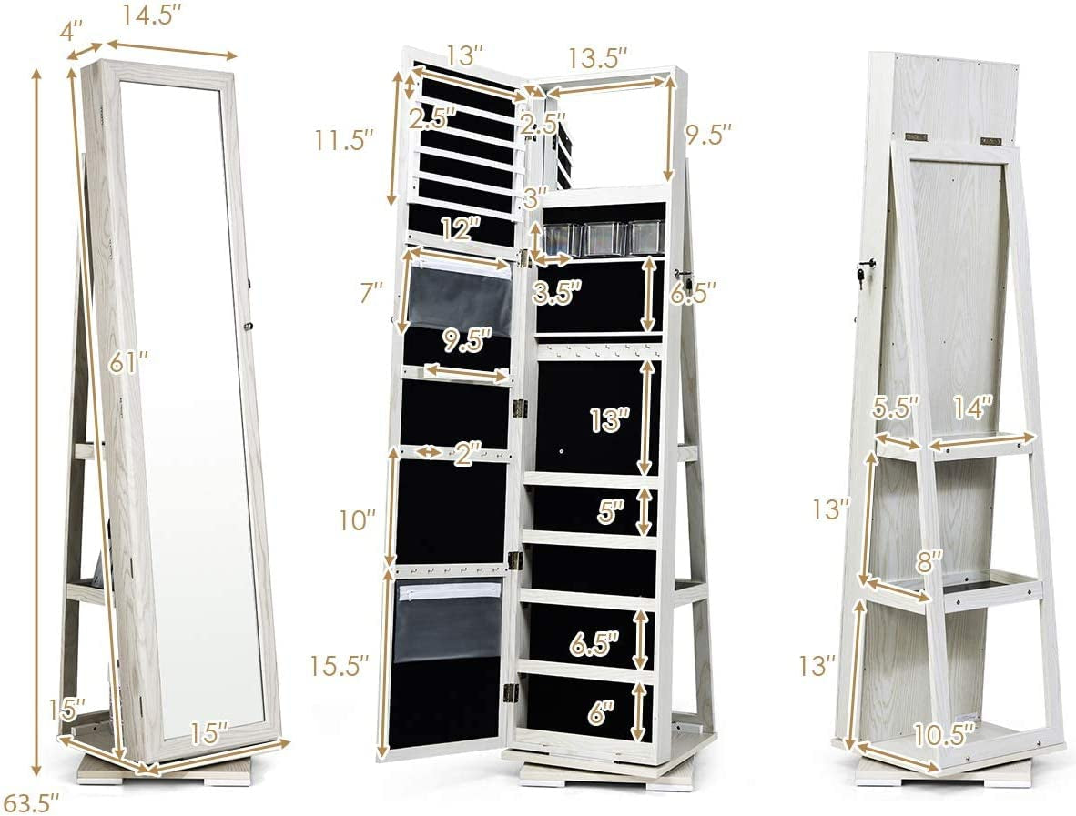 360° Swivel Jewelry Armoire with Higher Full Length inside Makeup Mirror, Standing Lockable Cabinet Organizer, Large Capacity, Back Storage Shelves (Grayish White)