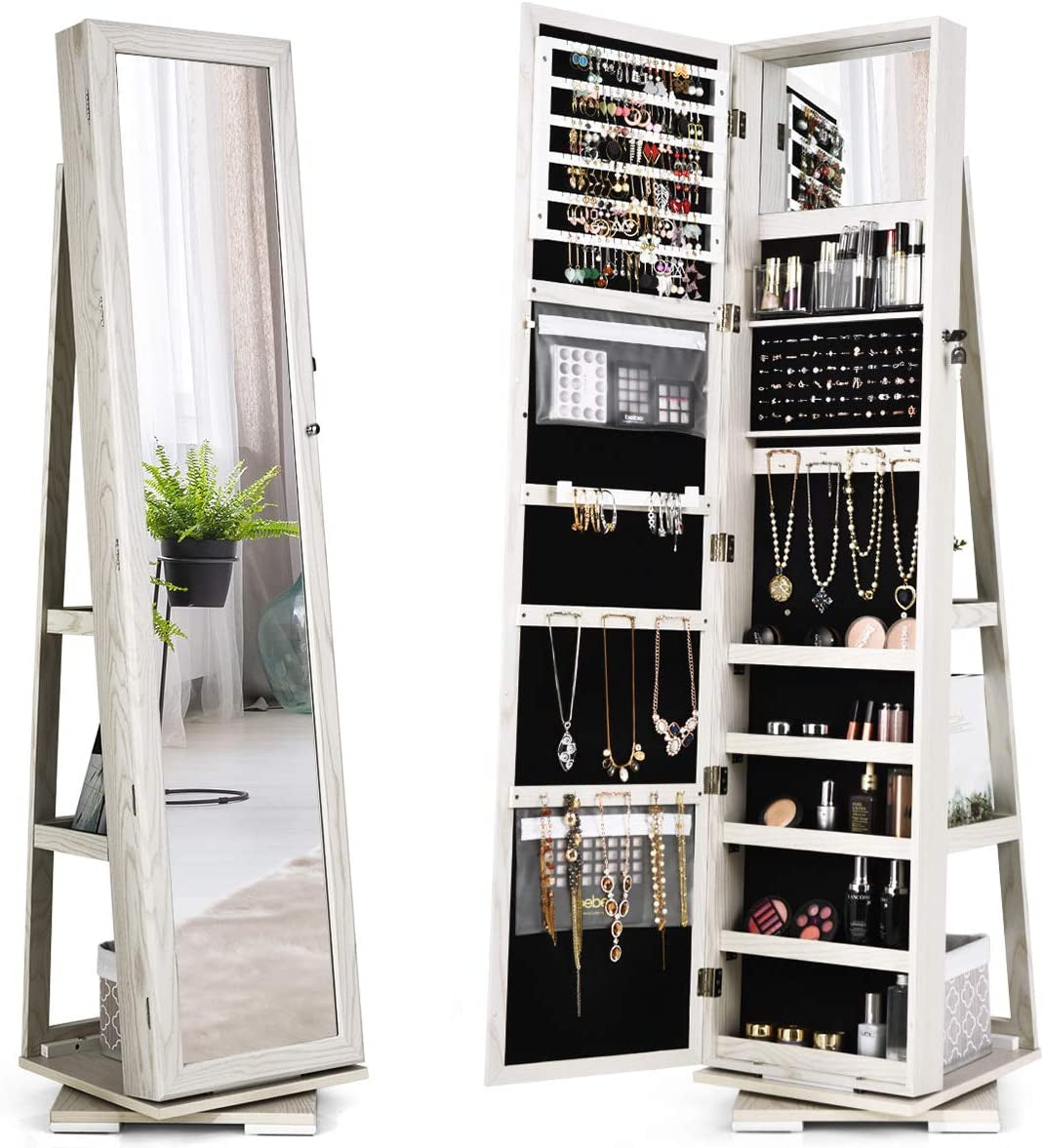 360° Swivel Jewelry Armoire with Higher Full Length inside Makeup Mirror, Standing Lockable Cabinet Organizer, Large Capacity, Back Storage Shelves (Grayish White)