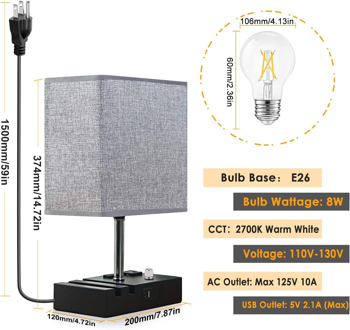 Fully Dimmable Table Lamp, Lamp for Bedroom 2 USB Ports, Bedside Lamps with 2 AC Outlet and Phone Slots, Small Table Lamp for Living Room, Grey Nightstand Lamp for Reading, LED Bulb Included