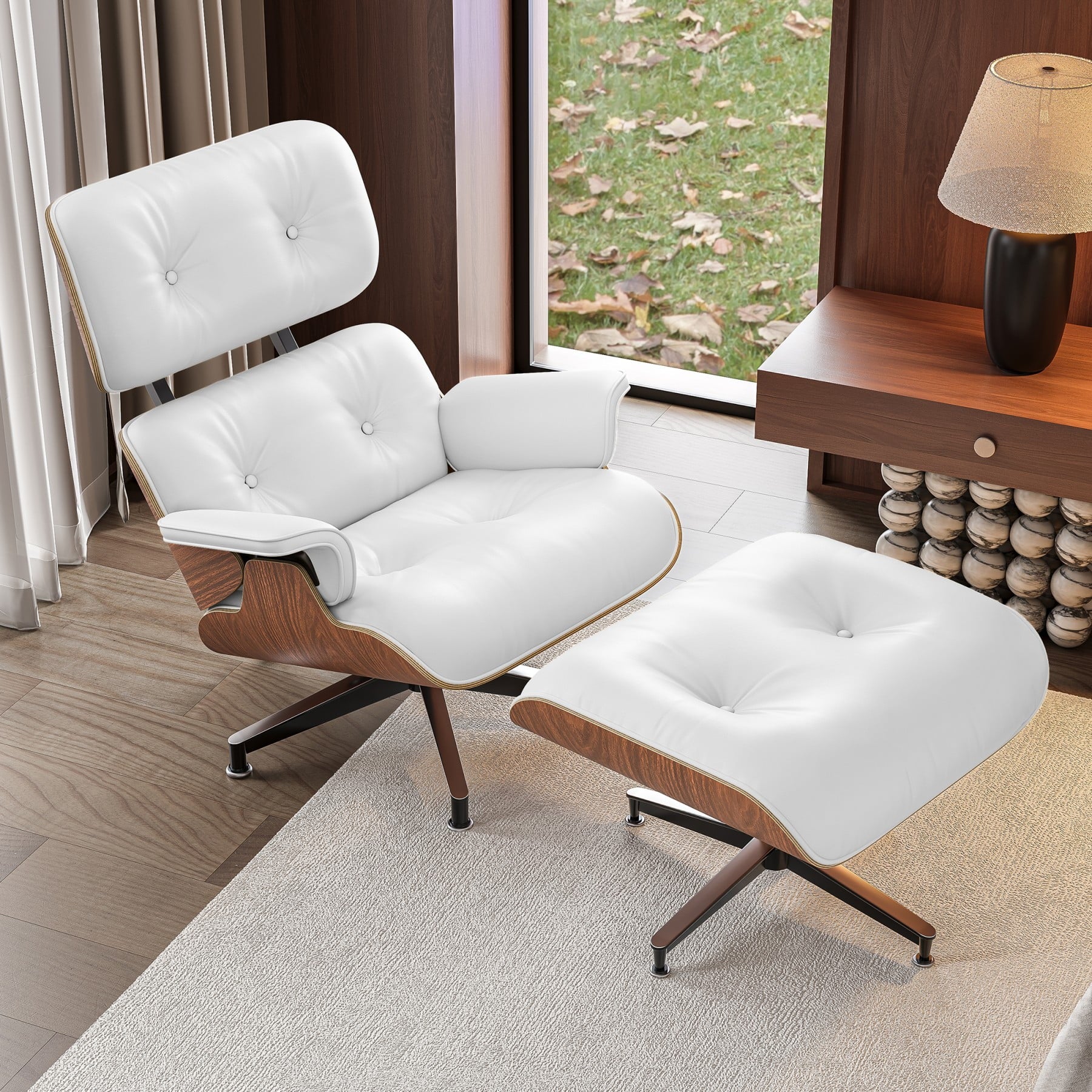 Modern Leather Wood Walnut Removable Cushions Lounge Chair with Ottoman, White