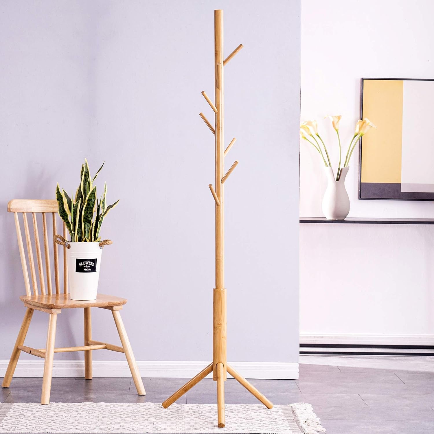 Bamboo Coat Rack Freestanding Adjustable Coat Tree with 3 Sections & 8 Hooks Easy to Assemble Coat Hanger Stand for Bedroom Office Hallway Entryway Bedroom Natural Wooden Natural Coat Rack