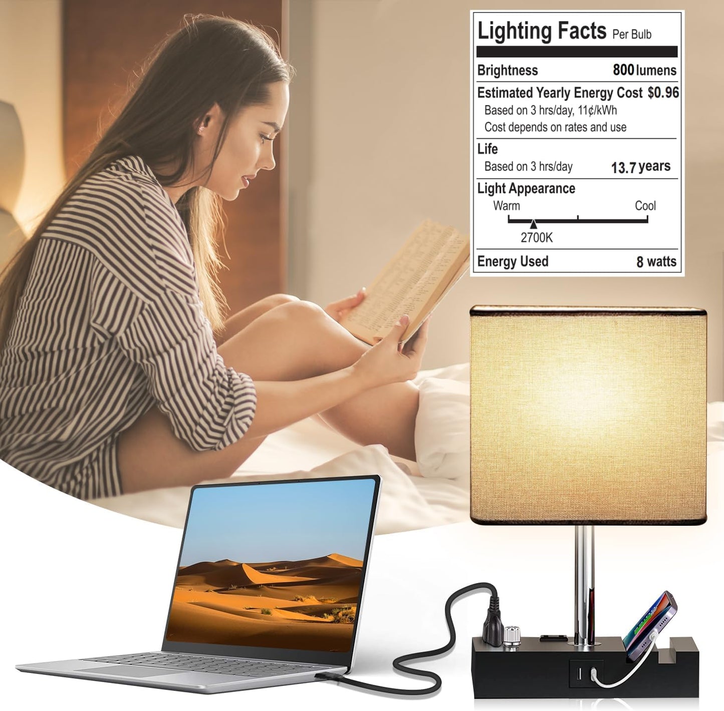 Fully Dimmable Table Lamp, Lamp for Bedroom 2 USB Ports, Bedside Lamps with 2 AC Outlet and Phone Slots, Small Table Lamp for Living Room, Grey Nightstand Lamp for Reading, LED Bulb Included