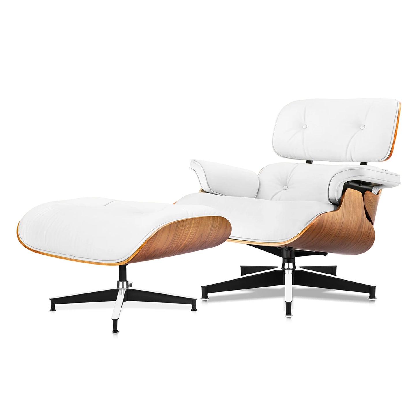 Modern Leather Wood Walnut Removable Cushions Lounge Chair with Ottoman, White